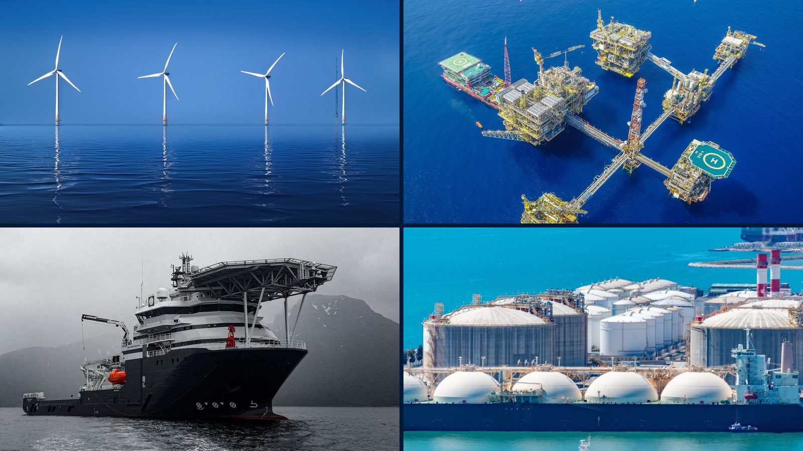 Offshore wind turbines, an offshore platform complex, an offshore construction vessel and an LNG carrier at a terminal