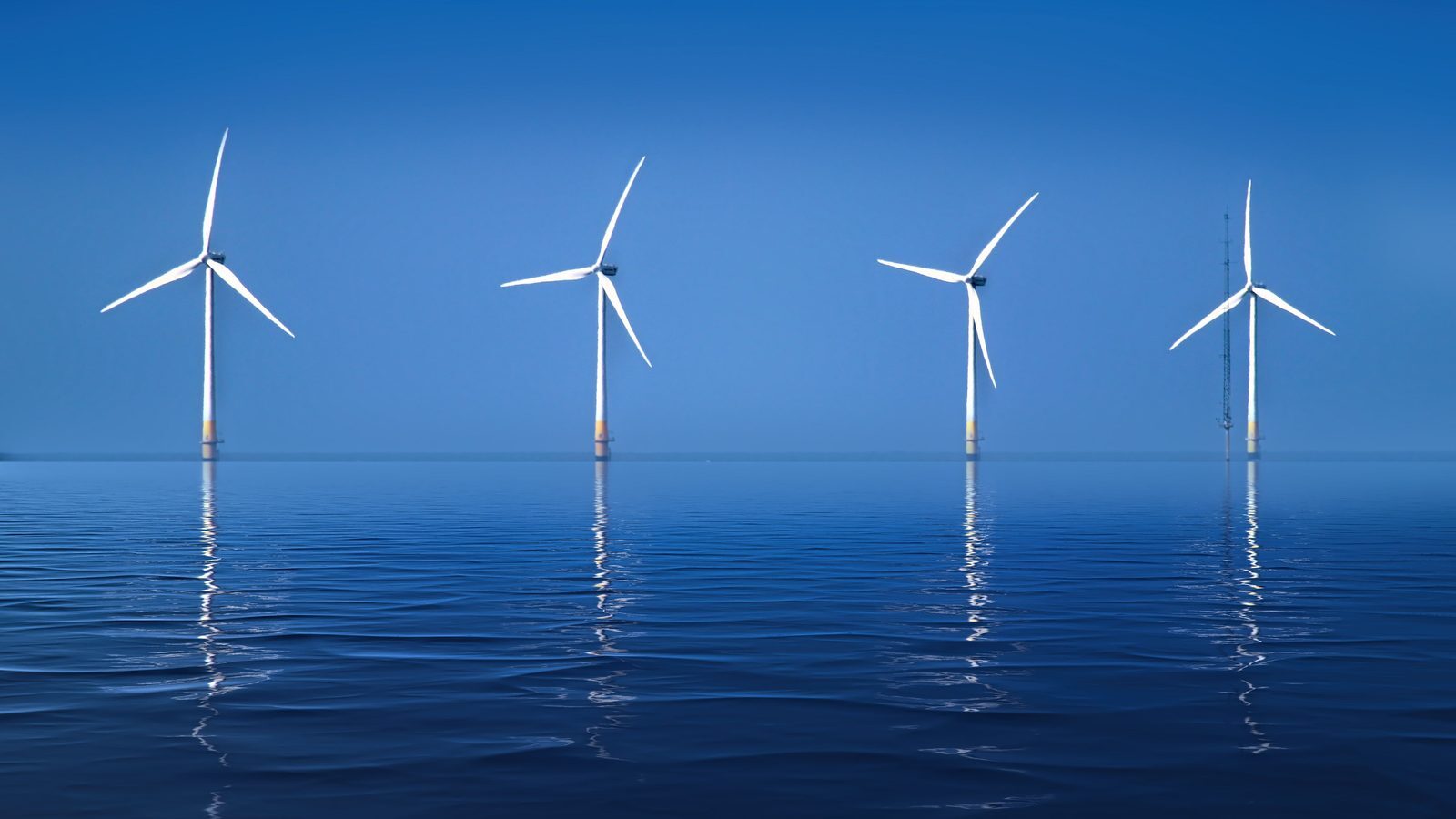 Offshore wind turbines standing in calm blue water