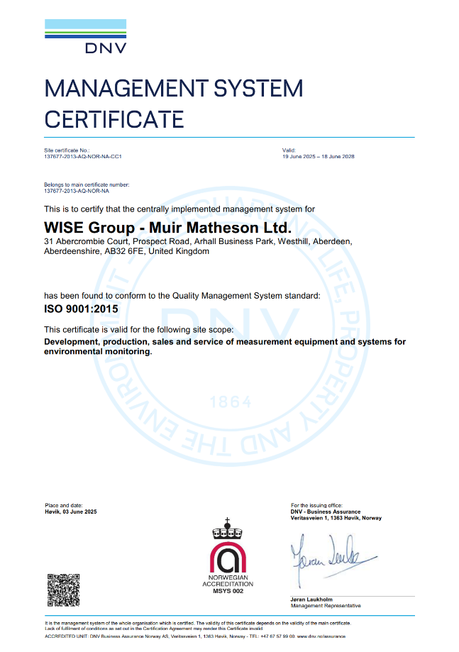 ISO 9001:2015 certificate issued by DNV covering WISE Group in Aberdeen