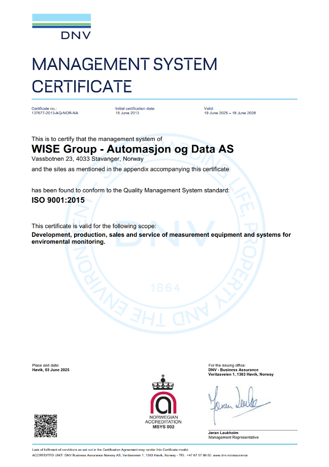 ISO 9001:2015 certificate issued by DNV to WISE Group in Norway