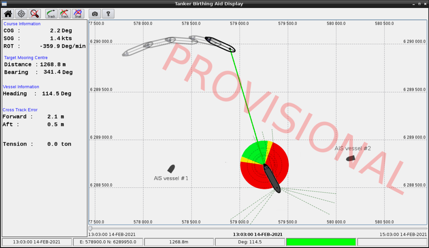 Tanker Berthing Aid display during an approach, showing the approach sector, the tanker track and course information