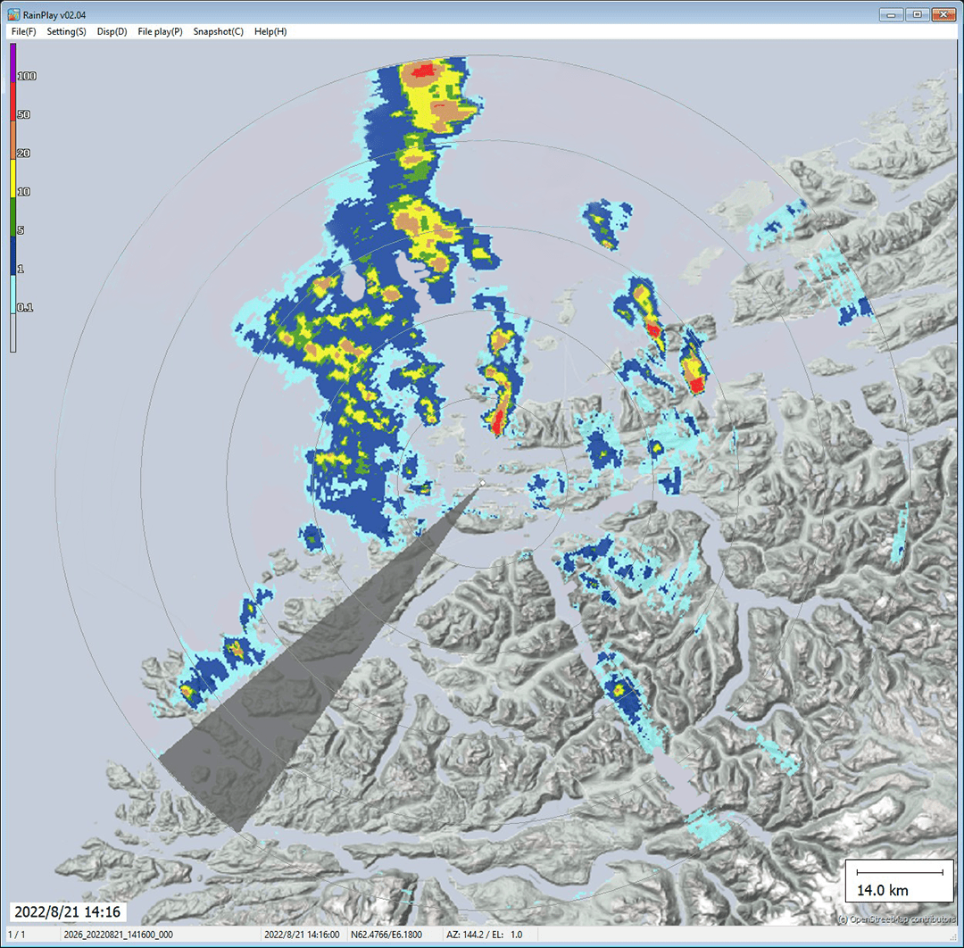 Rain map from a Furuno weather radar showing storm cells along the Norwegian coast