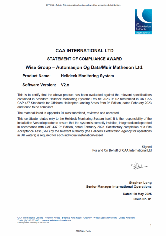 UK CAA - WISE Group DADAS HMS - CAP 437 9c - Statement