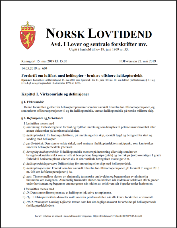 Forskrift om luftfart med helikopter – bruk av offshore helikopterdekk